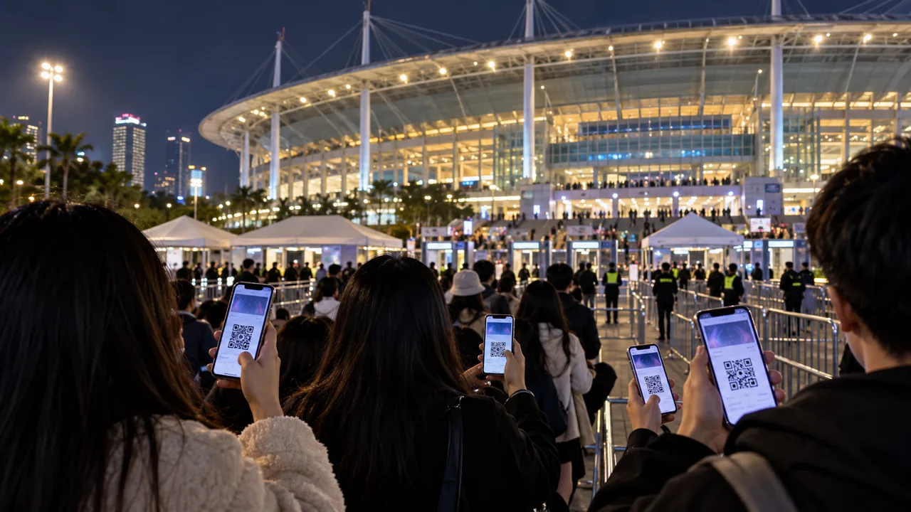 Người xem kiểm tra vé concert điện tử trên điện thoại trước cổng sân vận động tại Hà Nội